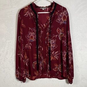 Valerie Stevens Semi Sheer Floral Burgundy Blouse Large